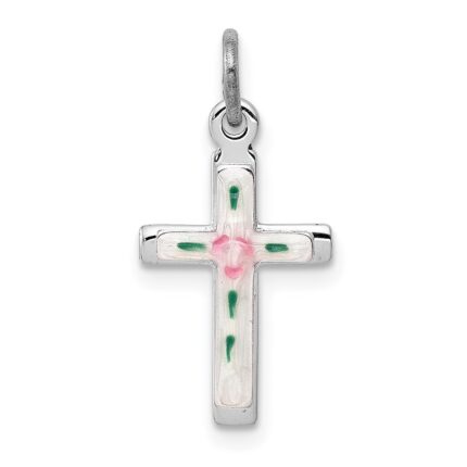 Sterling Silver Platinum-plated Enameled Cross Charm
