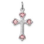 Sterling Silver Platinum-plated Pink Enameled Budded Cross Charm