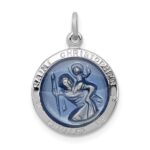 Sterling Silver Platinum-plated Blue Epoxy St. Christopher Medal