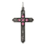 Sterling Silver Antiqued October Glass Birthstone Cross Pendant