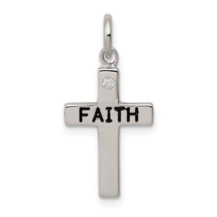 Sterling Silver Rhodium-plated Black Ink FAITH and CZ Antiqued Cross Charm