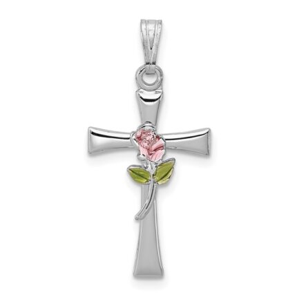 Sterling Silver Platinum-plated Cross with Epoxy Rose Center Pendant