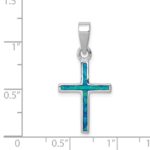Sterling Silver Rhod-plated Blue Inlay Created Opal Thin Cross Pendant - Image 3