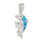 Sterling Silver Rhodium-plated Blue Inlay Created Opal Dolphin Pendant - Image 5