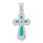 Sterling Silver Rhodium-plated Polished Imitation Turquoise Cross Pendant - Image 3