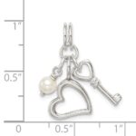 Sterling Silver Polished Key and Heart w/Simulated Pearl Charm - Image 4