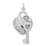 Sterling Silver Rhodium-plated CZ Heart Lock & Key Pendant - Image 4