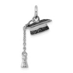 Sterling Silver Rhodium-plated Graduation Cap w/Black CZ Pendant - Image 3