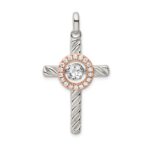 Sterling Silver Plat-plate Rose & Gold-tone Vibrant CZ Cross Pendant