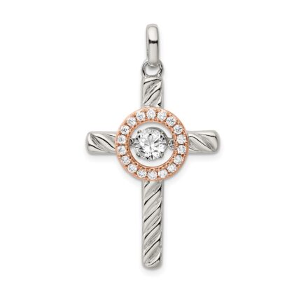 Sterling Silver Plat-plate Rose & Gold-tone Vibrant CZ Cross Pendant
