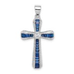 Sterling Silver Rhodium-plated CZ & Lab Cr. Blue Spinel Cross Pendant