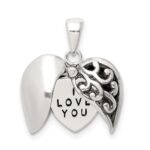 Sterling Silver Polished and Antiqued I LOVE YOU Message within a Decorative Scroll Patterned Moveable Opening Shell Heart Pendant - Image 3