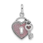 Sterling Silver Rhodium-plated CZ Glitter Infused Heart and Key Pendant