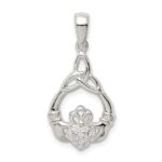 Sterling Silver Polished CZ Claddagh w/Trinity Knot Pendant