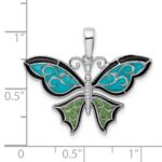 De-Ani Sterling Silver Rhodium-Plated Polished Enameled Aqua Butterfly Pendant - Image 4