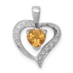 Sterling Silver Rhodium Heart Citrine & Diamond Heart Pendant