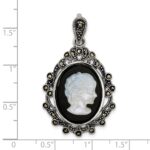 Sterling Silver Antiqued Marcasite with Black Agate and Mother of Pearl Cameo Pendant - Image 4