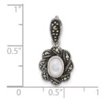 Sterling Silver Antiqued Marcasite and Mother of Pearl Oval Fancy Pendant - Image 4