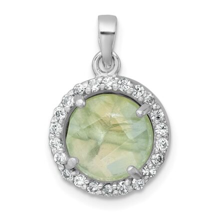 Sterling Silver Rhodium-plated Polished CZ Halo and Faceted Prehnite Circle Pendant