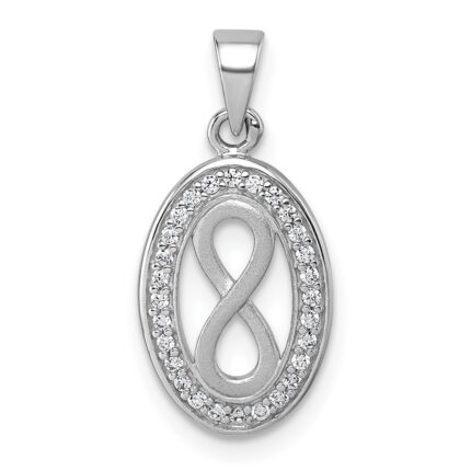 Sterling Silver Rhodium-plated Polished and Satin CZ Infinity Oval Pendant