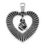 Sterling Silver Antiqued Polished Open Heart With Dangling Flower Pendant