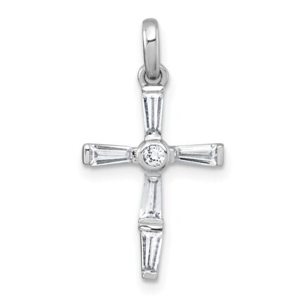 Sterling Silver Rhodium-plated Polished White Baguette CZ Cross Pendant