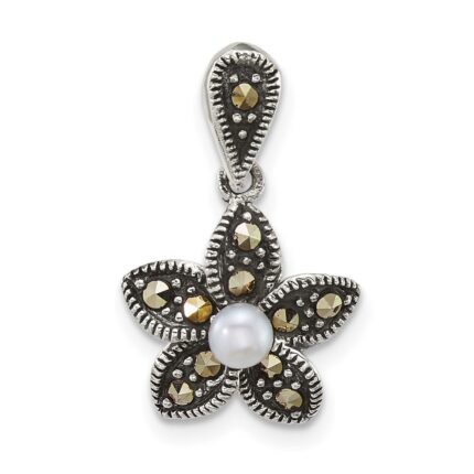 Sterling Silver Antiqued Marcasite and Freshwater Cultured Pearl Fancy Flower Pendant