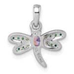 Sterling Silver Rhodium-plated Polished Green, Yellow and Pink CZ Dragonfly Pendant - Image 3