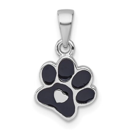 Sterling Silver Rhodium-plated Polished Black Enamel Paw Print with Heart Pendant