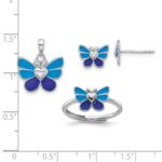 Sterling Silver Rhodium-plated Polished & Enameled Butterfly Children's Earring Ring & Pendant Set - Image 5