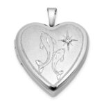 Sterling Silver Rhodium-plated Brushed 1/20 carat Diamond Two Dolphins 20mm Heart Locket