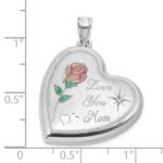 Sterling Silver Rhodium-plated Brushed 1/20 carat Diamond Pink and Green Enameled Rose LOVE YOU MOM 24mm Heart Locket - Image 5