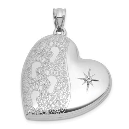 Sterling Silver Rhodium-plated Brushed And Polished 1/20 carat Diamond Foot Prints 24mm Heart Locket