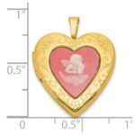 Sterling Silver Gold-plated Polished Front/Brushed Back Pink Angel Resin Cameo 20mm Heart Locket - Image 5