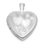 Sterling Silver Rhodium-plated Polished Front/Brushed Back Diamond-cut Twin Hearts 16mm Heart Locket