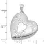 Sterling Silver Rhodium-plated Brushed Diamond-cut Butterflies 24mm Heart Locket - Image 5