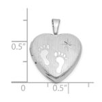 Sterling Silver Rhodium-plated Polished Front/Brushed Back Foot Prints with Star 16mm Heart Locket - Image 5