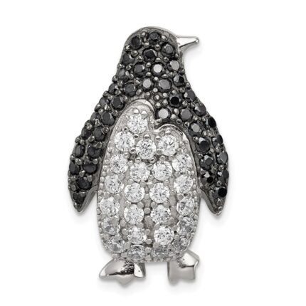 Sterling Silver Rhodium-plated Black & White CZ Penguin Chain Slide