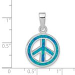 Sterling Silver Rhodium-plated Blue Inlay Created Opal Peace Sign Pendant - Image 3