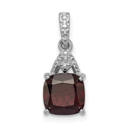 Sterling Silver Rhodium Plated Diamond Garnet Cushion Pendant