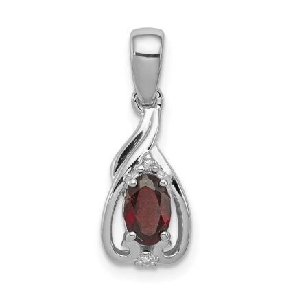 Sterling Silver Rhodium Plated Diamond & Garnet Oval Pendant