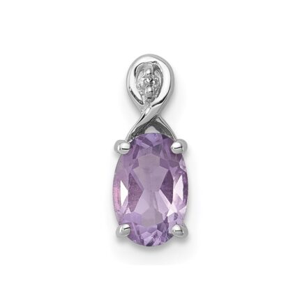 Sterling Silver Rhodium Plated Diamond and Amethyst Oval Pendant