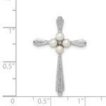 Sterling Silver Rhod Plated Diamond FW Cultured Pearl Cross Pendant - Image 3