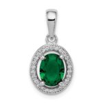 Sterling Silver Rhod-plated w/ Green and White CZ Oval Pendant