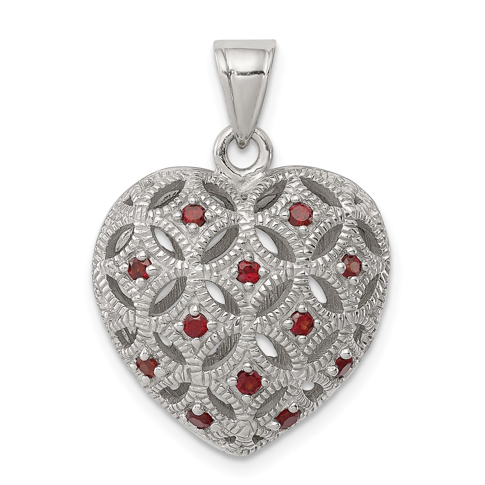 QP4543GA.jpg Sterling Silver Rhodium-plated w/Garnet Heart Pendant - Image 1
