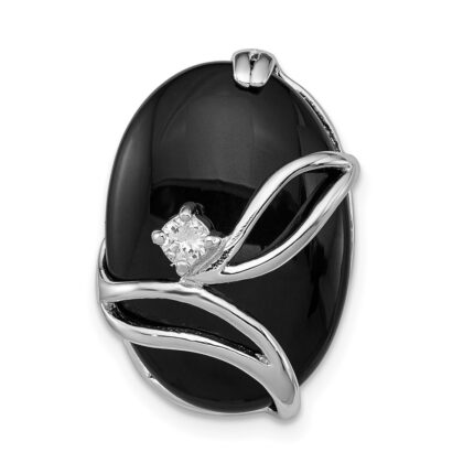 Sterling Silver Rhodium Plated Onyx and CZ Slide