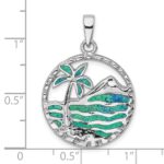 Sterling Silver Rhod-plated Created Opal Palm Tree Ocean Pendant - Image 4