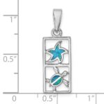 Sterling Silver Rhodium-plated Polished Blue Created Opal Starfish and Turtle Rectangle Pendant - Image 4
