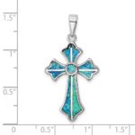 Sterling Silver Rhodium-plated Blue Inlay Created Opal Cross Pendant - Image 4