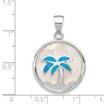 Sterling Silver Rhodium-plated Mother of Pearl and  Blue Created Opal Round Palm Tree Pendant - Image 3